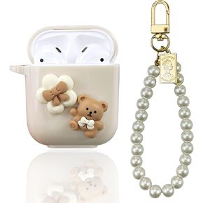 Cute Kawaii AirPods Pro 2 Case Cover, Lovely Flower Bear Design Smooth Soft Protective Cover for AirPod Pro 2nd Generation Case with Pearl Chain for Girls Women (Airpods Pro 2)
