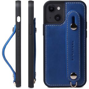 Hanatora - جراب هاتف iPhone 13 صغير من الجلد الإيطالي مصنوع من الجلد الإيطالي، جراب هاتف ذكي لمنع السقوط، وظيفة الوقوف، حزام عملي، حزام يدوي، تصميم سادة باللون الأزرق السماوي GH-13 Mini-Blue-M in Kuwait