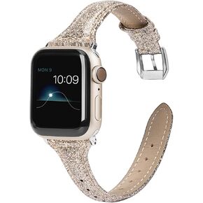 Wearlizer Thin Glitter Leather Compatible with Apple Watch Leather Bands Women 38mm 40mm 41mm 42mm 44mm 45mm 46mm 49mm for iWatch Series SE Ultra 10 9 8 7 6 5 4 3 2 1 Slim Bling Glistening Strap
