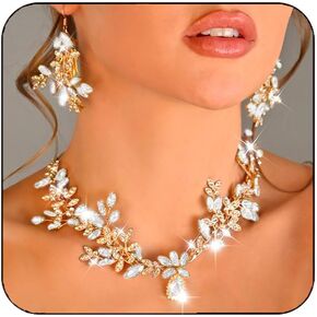 Unicra Bridal Wedding Jewelry Set Gold Green Crystal Necklace Earrings Sets Rhinestone Formal Costume Mothers Day Gifts Jewelry for Women and Brides