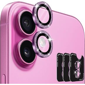 Orzero (3 Sets) Compatible for iPhone 16 6.1 inch/iPhone 16 Plus 6.7 inch Camera Lens Protector Bling, One-Step Installation Tray Tempered Glass Cover Individual Metal Ring Case Friendly - Pink