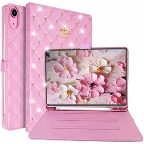 for iPad 10th Gen Case 10.9 Inch 2022 with Pencil Holder, Elegant PU Leather Girly Cute Rehinestone Crown Shockproof Flip Smart Auto Wake/Sleep Kickstand Cover for iPad 10th 2022 (Pink)
