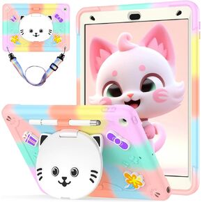 for iPad 9th/8th/7th Generation Case Kids Girls, iPad 10.2'' case with Stylus Pen, Cute Cat Stand,Penci Holder Shoulder Strap,Shockproof Protective Case for iPad 9th Gen (Colourful Rose Gold)