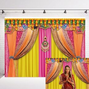 INRUI Indian Traditional Photography Background Diwali Pooja Colorful Curtain Decorations Indian Bridal Shower Wedding Party Photo Backdrop (8x6FT)