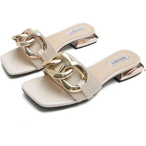 Women's Leather Low Chunky Heel Slides Sandals with Chunky Chain Decor Square Open Toe Slip-On Single Strap Slippers Summer Casual Ladies Daily Walking Sandals