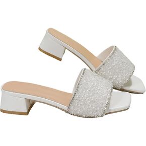 GORGLITTER Women's Sequin Square Toe Block Heeled Sandals Open Toe Block Slide Sandals