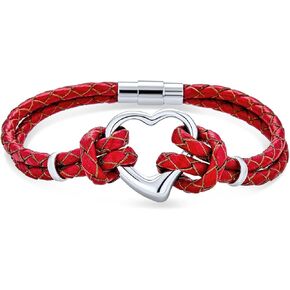 Bling Jewelry Interlocking Heart Clasp Black Triple Strand Woven Braided Leather Bracelet For Women Girlfriend Stainless Steel 8 IN