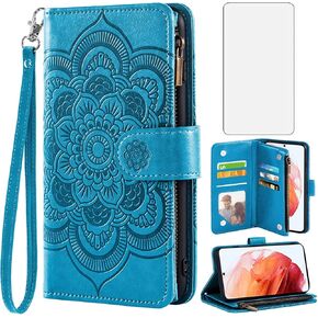 Asuwish Phone Case for Samsung Galaxy S22 5G Wallet Cover with Tempered Glass Screen Protector and Flower Leather Flip Credit Card Holder Stand Cell Accessories S 22 22S 4G G5 6.1 inch Women Men Brown
