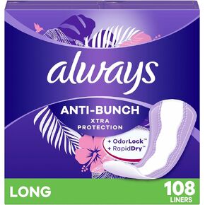 Always Anti-Bunch Xtra Protection Daily Liners, Long Length, Unscented, 136 Count