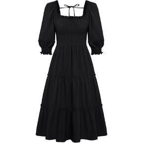 فساتين JASAMBAC النسائية لخريف 2024، رقبة مربعة غير رسمية، 3/4 كم، عالية الخصر، كشكشة، متدرجة، فستان متوسط ​​الطول على شكل حرف A in Kuwait