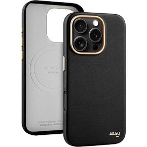 EasyAcc for iPhone 16 Leather Case, [Compatible with Magsafe], Luxurious Vegan Leather Magnetic Phone Case, Protective Slim Case with Metal Buttons & Camera Bezel, Anti-Scratch Phone Cover