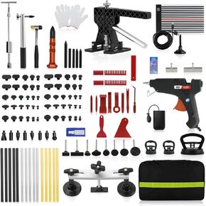 nihao 128PCS Auto Body Dent Repair Kit, Paintless Dent Repair Kit with Golden Lifter, T-Bar, Bridge Suction Cup Puller, Rubber Hammer& Glue Gun for Automobile Body Motorcycle Refrigerator