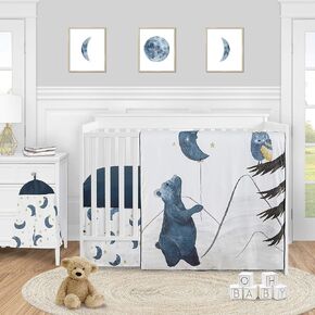 مجموعة مفروشات سرير الأطفال من Sweet Jojo Designs Woodland Bear and Owl Baby Boy Girl - 4 قطع - أزرق داكن ورمادي وذهبي وأسود ونجمة القمر السماوية بألوان مائية