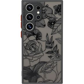 Cute Case Compatible with Samsung Galaxy S24 Plus Case, Aesthetic Black Line Art Floral Rose Pattern Print, Slim Fit PC and TPU Full Protection Shockproof Cases Cover Skin for Girls Women