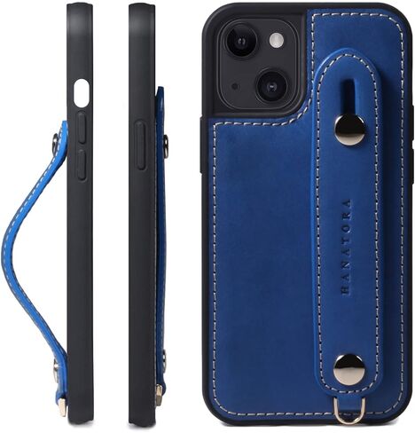 Hanatora - جراب هاتف iPhone 13 صغير من الجلد الإيطالي مصنوع من الجلد الإيطالي، جراب هاتف ذكي لمنع السقوط، وظيفة الوقوف، حزام عملي، حزام يدوي، تصميم سادة باللون الأزرق السماوي GH-13 Mini-Blue-M in Kuwait