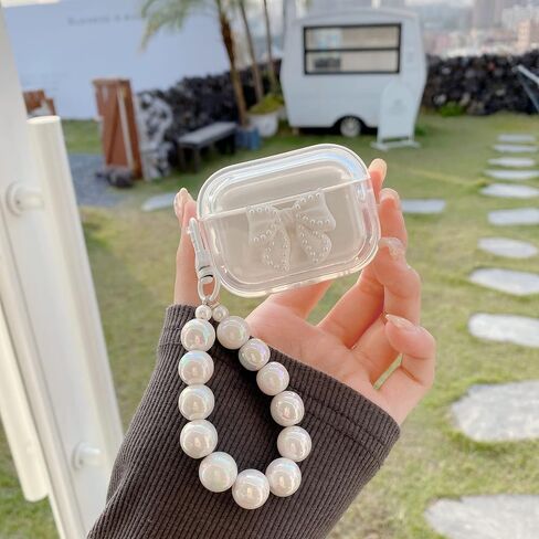 جراب لطيف بتصميم فيونكة لأجهزة AirPods الجيل الثالث مع سلسلة مفاتيح سوار لؤلؤي للنساء والفتيات، غطاء جلدي واقي مقاوم للصدمات من السيليكون الشفاف الناعم متوافق مع Airpods 3 - أبيض in Saudi Arabia