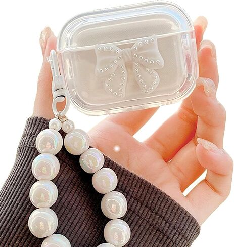 جراب لطيف بتصميم فيونكة لأجهزة AirPods الجيل الثالث مع سلسلة مفاتيح سوار لؤلؤي للنساء والفتيات، غطاء جلدي واقي مقاوم للصدمات من السيليكون الشفاف الناعم متوافق مع Airpods 3 - أبيض in Saudi Arabia