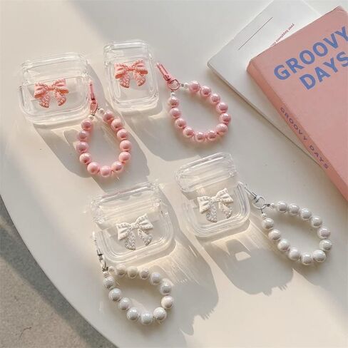جراب لطيف بتصميم فيونكة لأجهزة AirPods الجيل الثالث مع سلسلة مفاتيح سوار لؤلؤي للنساء والفتيات، غطاء جلدي واقي مقاوم للصدمات من السيليكون الشفاف الناعم متوافق مع Airpods 3 - أبيض in Saudi Arabia