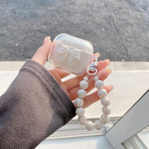 جراب لطيف بتصميم فيونكة لأجهزة AirPods الجيل الثالث مع سلسلة مفاتيح سوار لؤلؤي للنساء والفتيات، غطاء جلدي واقي مقاوم للصدمات من السيليكون الشفاف الناعم متوافق مع Airpods 3 - أبيض in Saudi Arabia