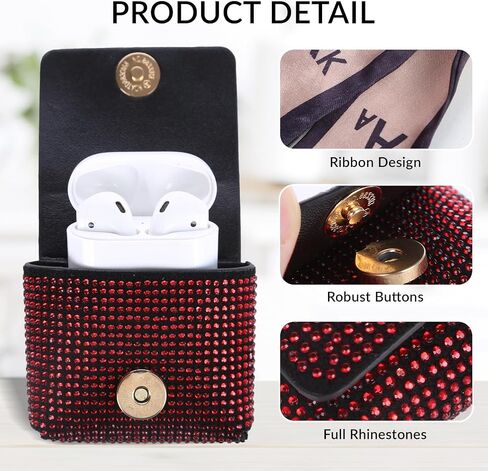 AirPods Case Rhinestones Cover PU Leather Cases Mini Bag Comatible with AirPods 1/2 Ribbon Design AirPods Bags Keychains Protective Cover Bags for Airpods 1/2 (White) in Saudi Arabia