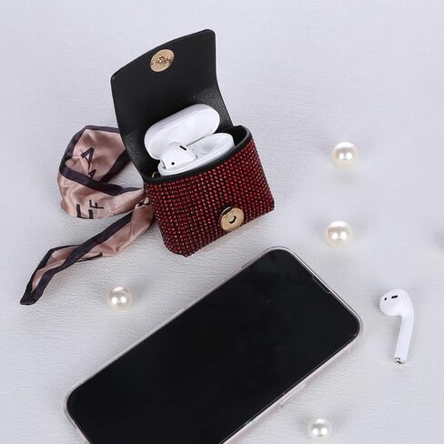 AirPods Case Rhinestones Cover PU Leather Cases Mini Bag Comatible with AirPods 1/2 Ribbon Design AirPods Bags Keychains Protective Cover Bags for Airpods 1/2 (White) in Saudi Arabia