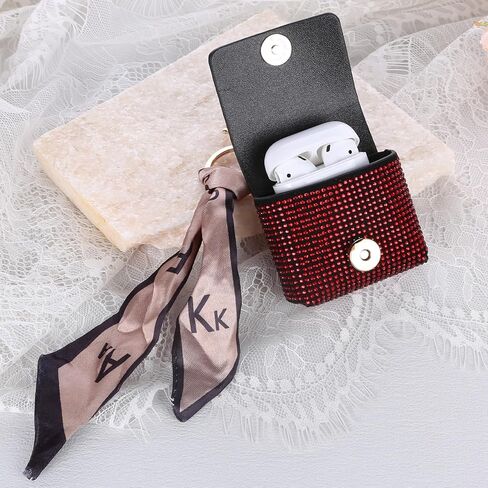 AirPods Case Rhinestones Cover PU Leather Cases Mini Bag Comatible with AirPods 1/2 Ribbon Design AirPods Bags Keychains Protective Cover Bags for Airpods 1/2 (White) in Saudi Arabia