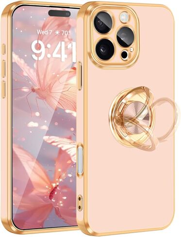 Fingic for iPhone 16 Pro Max Case[with 360°Rotatable Ring Holder][Support Magnetic Car Mount]Shiny Plating Gold Slim Thin Soft TPU Bumper Shockproof Case for iPhone 16 Pro Max for Women Men,2024,Black in Saudi Arabia