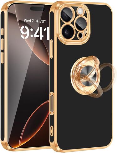 Fingic for iPhone 16 Pro Max Case[with 360°Rotatable Ring Holder][Support Magnetic Car Mount]Shiny Plating Gold Slim Thin Soft TPU Bumper Shockproof Case for iPhone 16 Pro Max for Women Men,2024,Black in Saudi Arabia