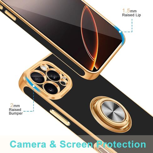 Fingic for iPhone 16 Pro Max Case[with 360°Rotatable Ring Holder][Support Magnetic Car Mount]Shiny Plating Gold Slim Thin Soft TPU Bumper Shockproof Case for iPhone 16 Pro Max for Women Men,2024,Black in Saudi Arabia