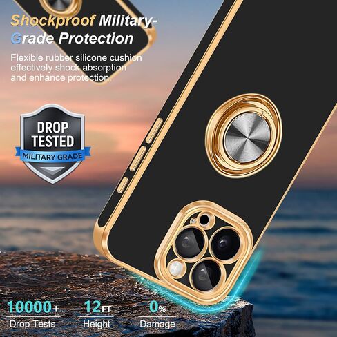 Fingic for iPhone 16 Pro Max Case[with 360°Rotatable Ring Holder][Support Magnetic Car Mount]Shiny Plating Gold Slim Thin Soft TPU Bumper Shockproof Case for iPhone 16 Pro Max for Women Men,2024,Black in Saudi Arabia