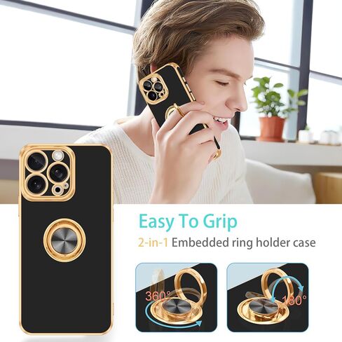 Fingic for iPhone 16 Pro Max Case[with 360°Rotatable Ring Holder][Support Magnetic Car Mount]Shiny Plating Gold Slim Thin Soft TPU Bumper Shockproof Case for iPhone 16 Pro Max for Women Men,2024,Black in Saudi Arabia