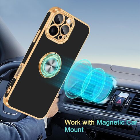 Fingic for iPhone 16 Pro Max Case[with 360°Rotatable Ring Holder][Support Magnetic Car Mount]Shiny Plating Gold Slim Thin Soft TPU Bumper Shockproof Case for iPhone 16 Pro Max for Women Men,2024,Black in Saudi Arabia