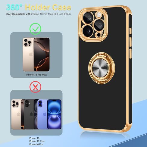 Fingic for iPhone 16 Pro Max Case[with 360°Rotatable Ring Holder][Support Magnetic Car Mount]Shiny Plating Gold Slim Thin Soft TPU Bumper Shockproof Case for iPhone 16 Pro Max for Women Men,2024,Black in Saudi Arabia