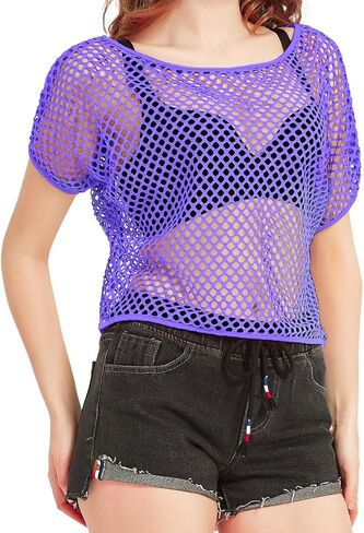 WILDPARTY Women Casual Sexy 80s Costumes Fishnet Neon Off Shoulder Top Mesh Short Sleeves T Shirts Sheer Blouse (Green-M) in Saudi Arabia