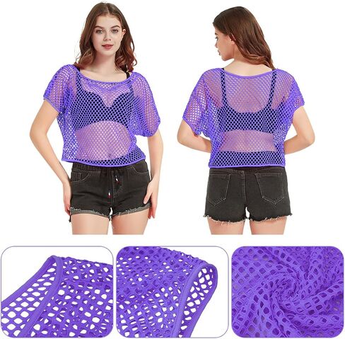 WILDPARTY Women Casual Sexy 80s Costumes Fishnet Neon Off Shoulder Top Mesh Short Sleeves T Shirts Sheer Blouse (Green-M) in Saudi Arabia