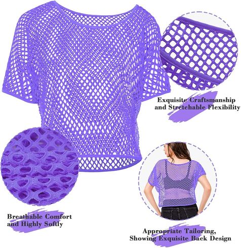 WILDPARTY Women Casual Sexy 80s Costumes Fishnet Neon Off Shoulder Top Mesh Short Sleeves T Shirts Sheer Blouse (Green-M) in Saudi Arabia
