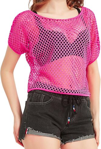 WILDPARTY Women Casual Sexy 80s Costumes Fishnet Neon Off Shoulder Top Mesh Short Sleeves T Shirts Sheer Blouse (Green-M) in Saudi Arabia