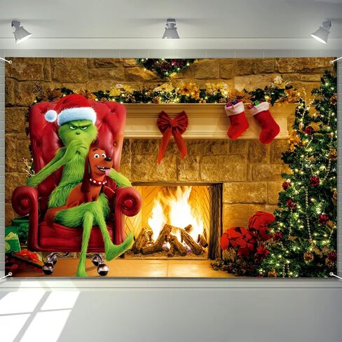 Extra Large Christmas Banner 72" x 48" Merry Grinchmas Grinch Fireplace Xmas Celebration Photography Holiday Winter Christmas Backdrop for Indoor Outdoor Garden,Party Home Decor in Kuwait