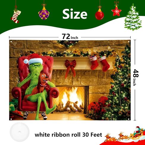 Extra Large Christmas Banner 72" x 48" Merry Grinchmas Grinch Fireplace Xmas Celebration Photography Holiday Winter Christmas Backdrop for Indoor Outdoor Garden,Party Home Decor in Kuwait