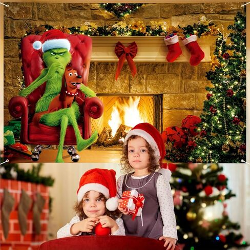 Extra Large Christmas Banner 72" x 48" Merry Grinchmas Grinch Fireplace Xmas Celebration Photography Holiday Winter Christmas Backdrop for Indoor Outdoor Garden,Party Home Decor in Kuwait