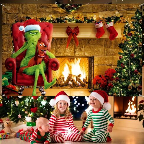 Extra Large Christmas Banner 72" x 48" Merry Grinchmas Grinch Fireplace Xmas Celebration Photography Holiday Winter Christmas Backdrop for Indoor Outdoor Garden,Party Home Decor in Kuwait