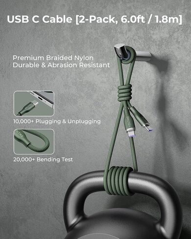 VOLTME USB C Cable (6ft 100W, 2-Pack), Premium Nylon USB C to USB C Cable 2.0, Type C Charging Cable Fast Charge for MacBook Pro 2020, iPad Pro 2021, Galaxy S22, Pixel, Switch and More-Green in Saudi Arabia