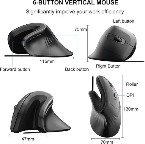 Wireless Mouse, 2.4G Rechargeable Ergonomic Cordless Mouse with 3 Adjustable DPI for Computer, Laptop, Desktop, PC, MacBook, Notebook, Black in Saudi Arabia