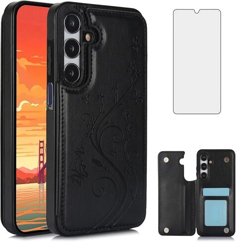 Asuwish Phone Case for Samsung Galaxy A25 5G with Tempered Glass Screen Protector and Card Holder Wallet Cover Stand Flip Leather Cell Accessories Glaxay A 25 25A SM-A256U A256E Cases Women Men Black in Saudi Arabia