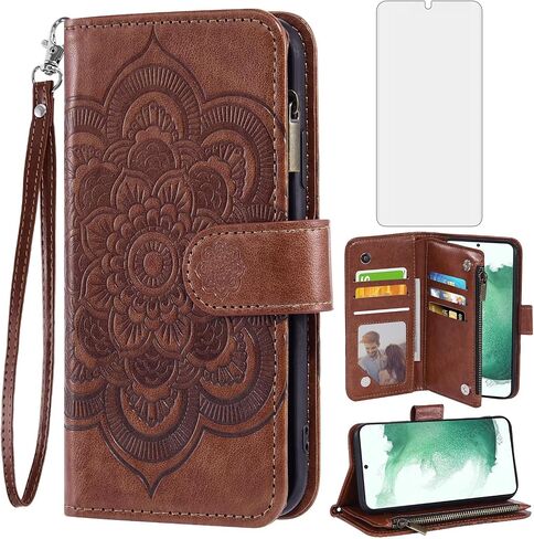Asuwish Phone Case for Samsung Galaxy S22 5G Wallet Cover with Tempered Glass Screen Protector and Flower Leather Flip Credit Card Holder Stand Cell Accessories S 22 22S 4G G5 6.1 inch Women Men Brown in Kuwait