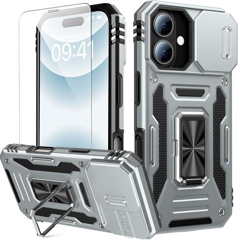 حافظة Goodon لهاتف iPhone 16 مع غطاء كاميرا منزلق + واقي شاشة - مسند حلقي مغناطيسي دوار - غطاء هاتف واقٍ مقاوم للصدمات بدرجة عسكرية للرجال والنساء والفتيات - أسود in Kuwait