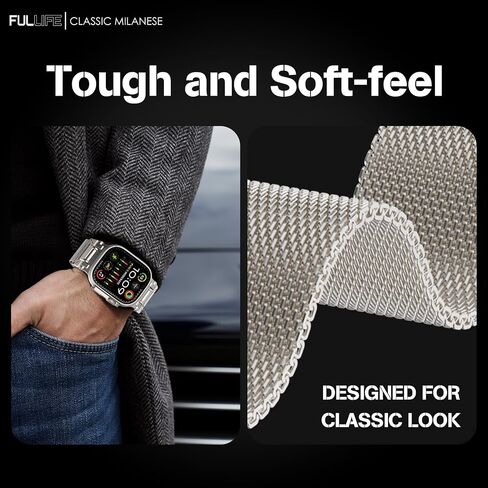 FULLIFE Design for Apple Watch Band Apple Watch Ultra 2/Ultra 49mm Band for Men, Milanese Mesh Loop for Apple Watch Series 10 46mm, 9/8/7 45mm, SE2/SE/6/5/4 44mm, 3/2/1 42mm Metal Connector, Titanium in Saudi Arabia