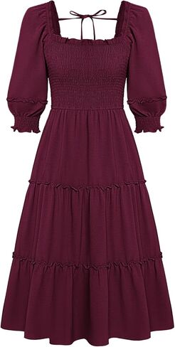 JASAMBAC Women's Fall Dresses 2024 Casual Square Neck 3/4 Sleeve Smocked High Waist Ruffle Tiered Flowy A Line Midi Dress in Saudi Arabia