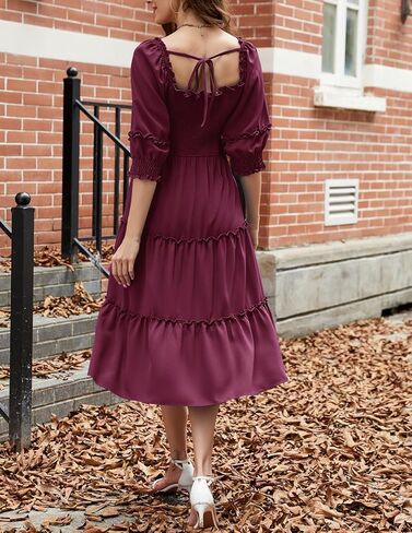 JASAMBAC Women's Fall Dresses 2024 Casual Square Neck 3/4 Sleeve Smocked High Waist Ruffle Tiered Flowy A Line Midi Dress in Saudi Arabia
