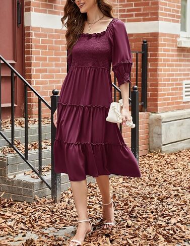 JASAMBAC Women's Fall Dresses 2024 Casual Square Neck 3/4 Sleeve Smocked High Waist Ruffle Tiered Flowy A Line Midi Dress in Saudi Arabia